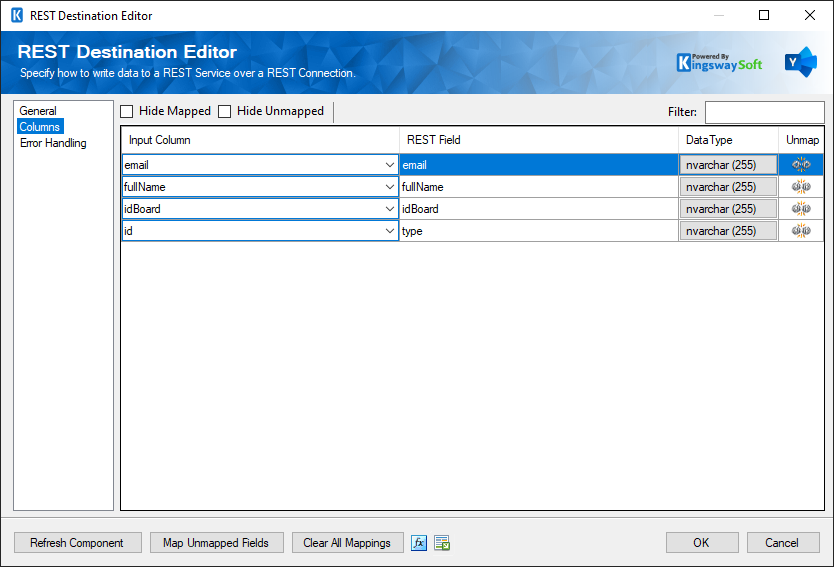 SSIS REST Yammer Destination - Columns